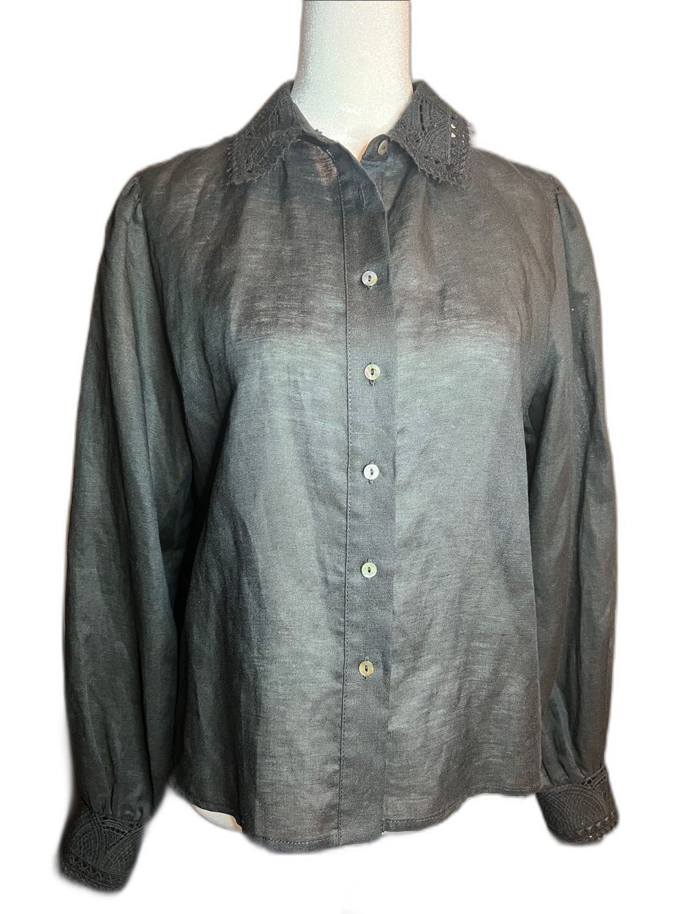 Elie Tahari Black Linen Blouse with Lace Collar and Cuffs Button Front Size S